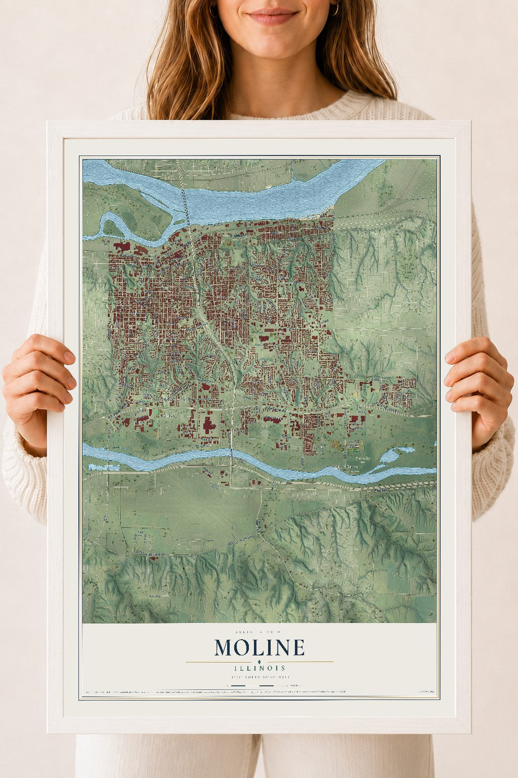 Map of Moline, Illinois, 18 x 24 inch print in a white wood frame