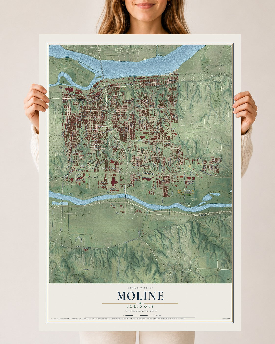 Map of Moline, Illinois, 24 x 36 inch unframed archival matte print