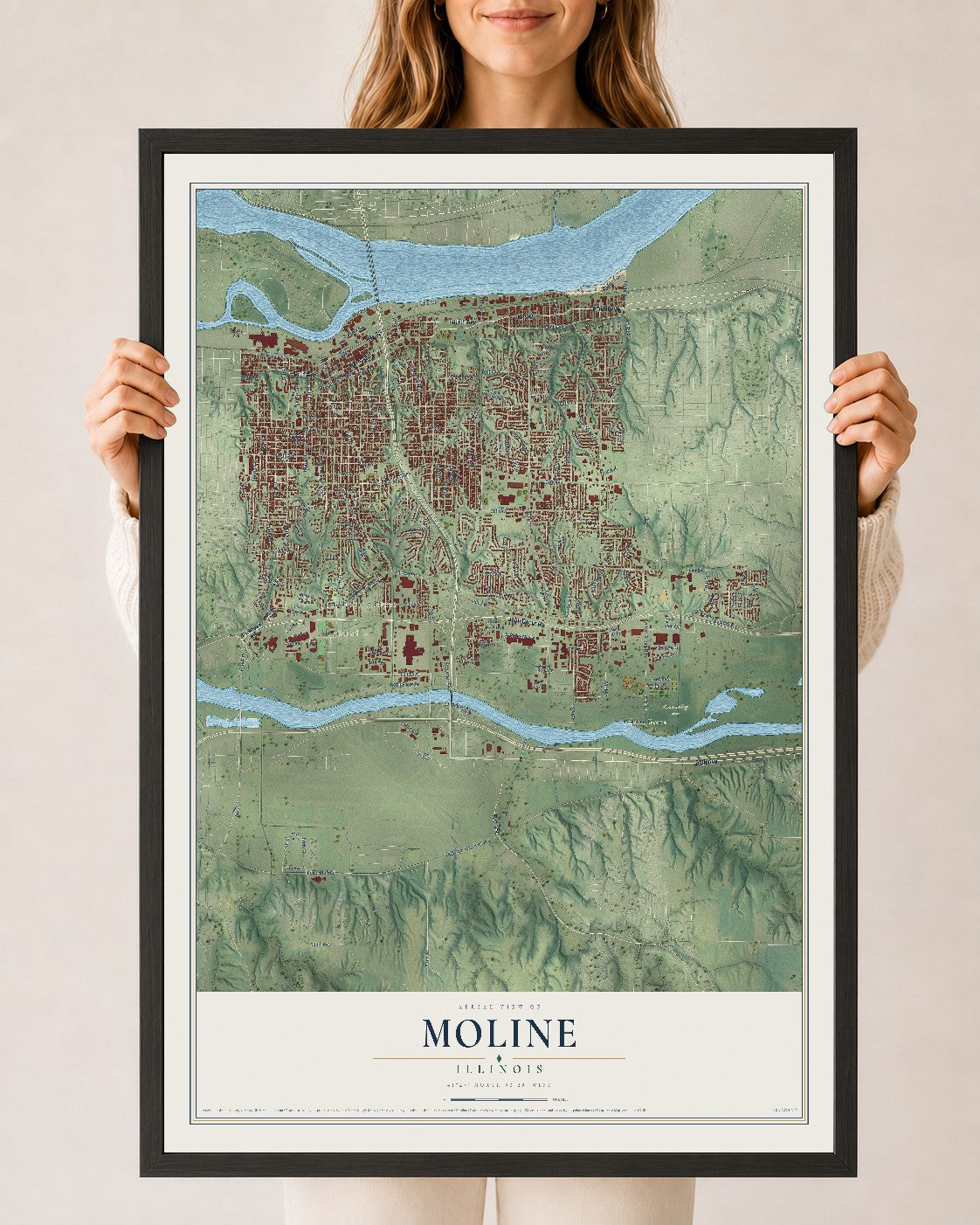 Map of Moline, Illinois, 24 x 36 inch print in a black wood frame