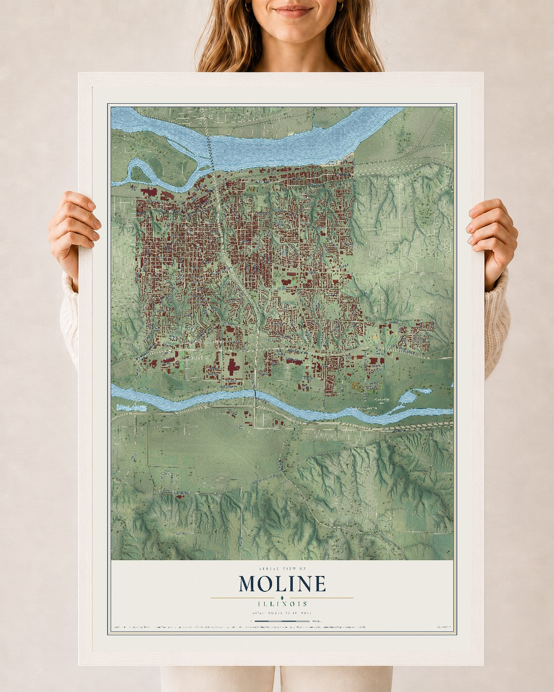 Map of Moline, Illinois, 24 x 36 inch print in a white wood frame