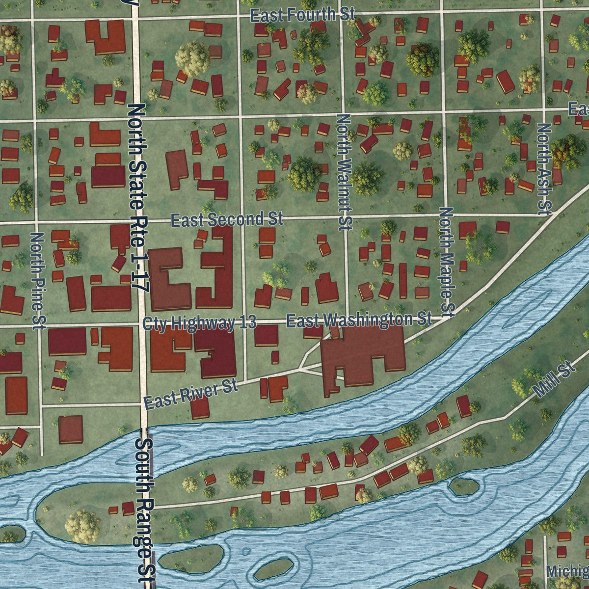 Close-up of the map of Momence, Illinois print showing street and building detail