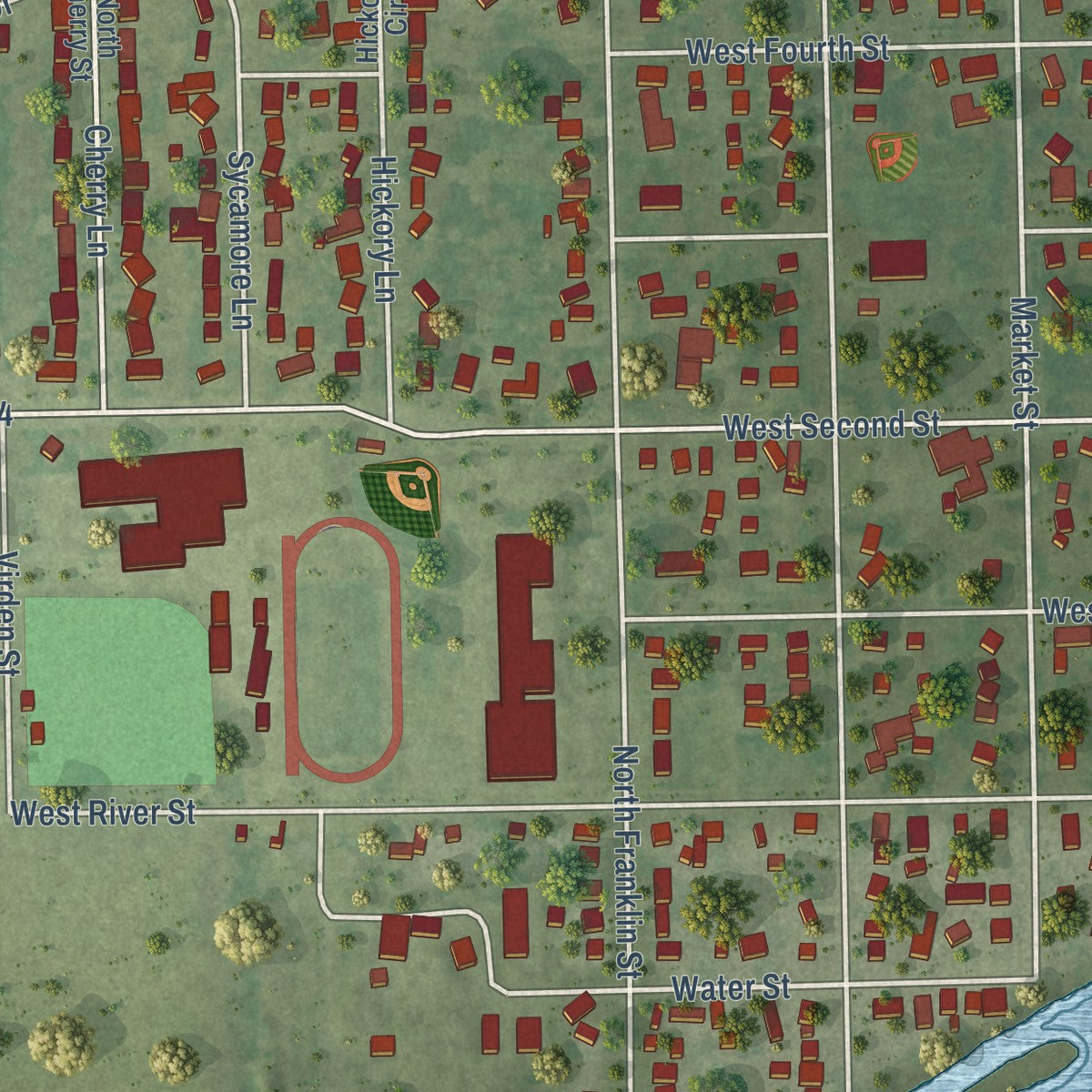 Second close-up of the map of Momence, Illinois print showing more streets and buildings