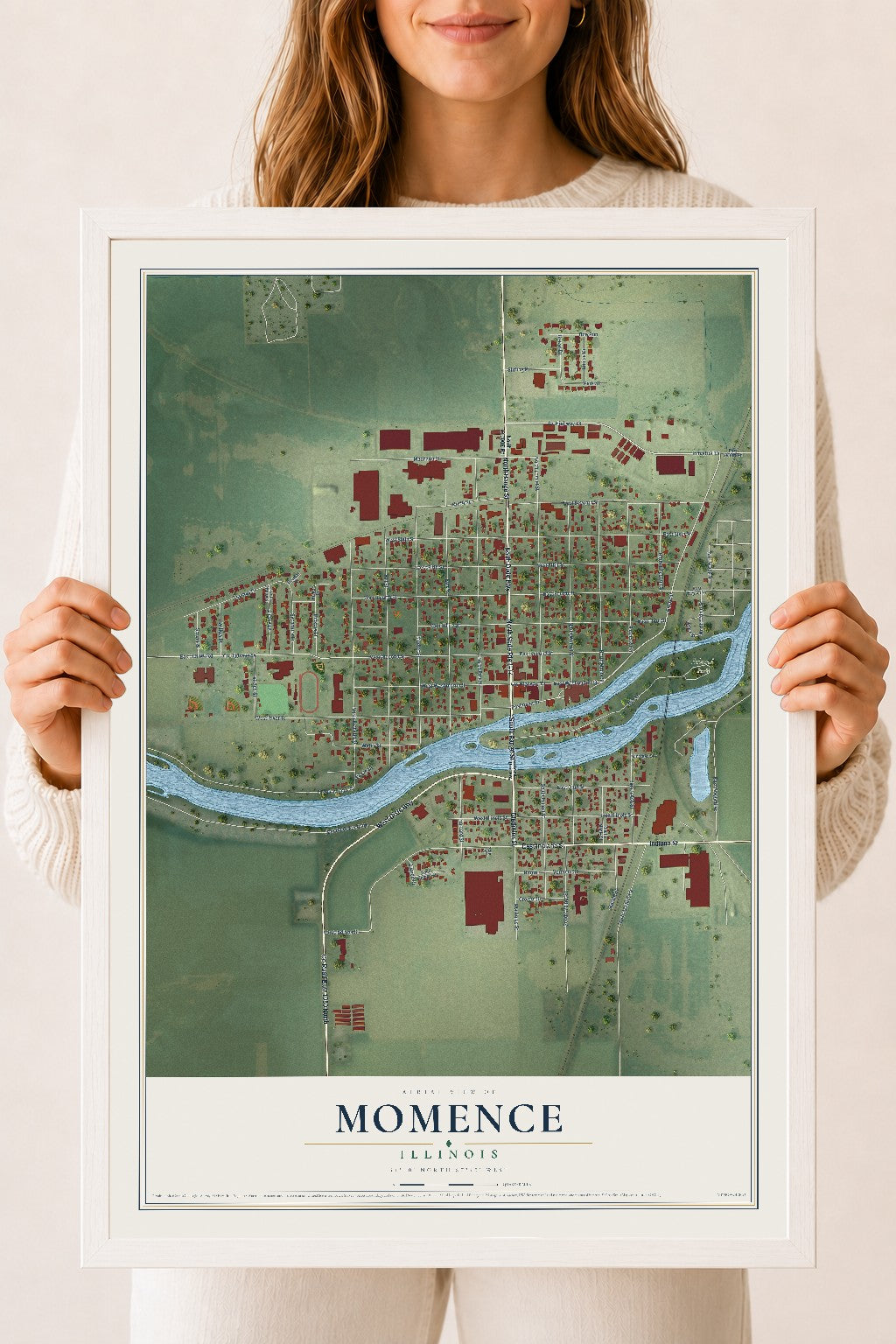 Map of Momence, Illinois, 18 x 24 inch print in a white wood frame