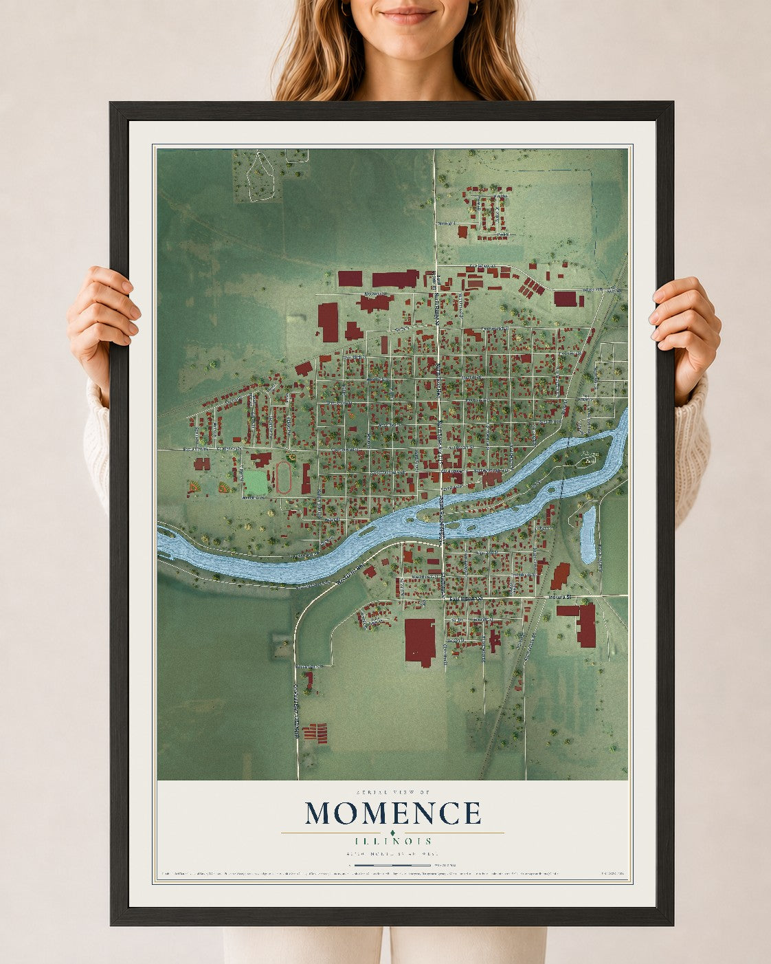 Map of Momence, Illinois, 24 x 36 inch print in a black wood frame