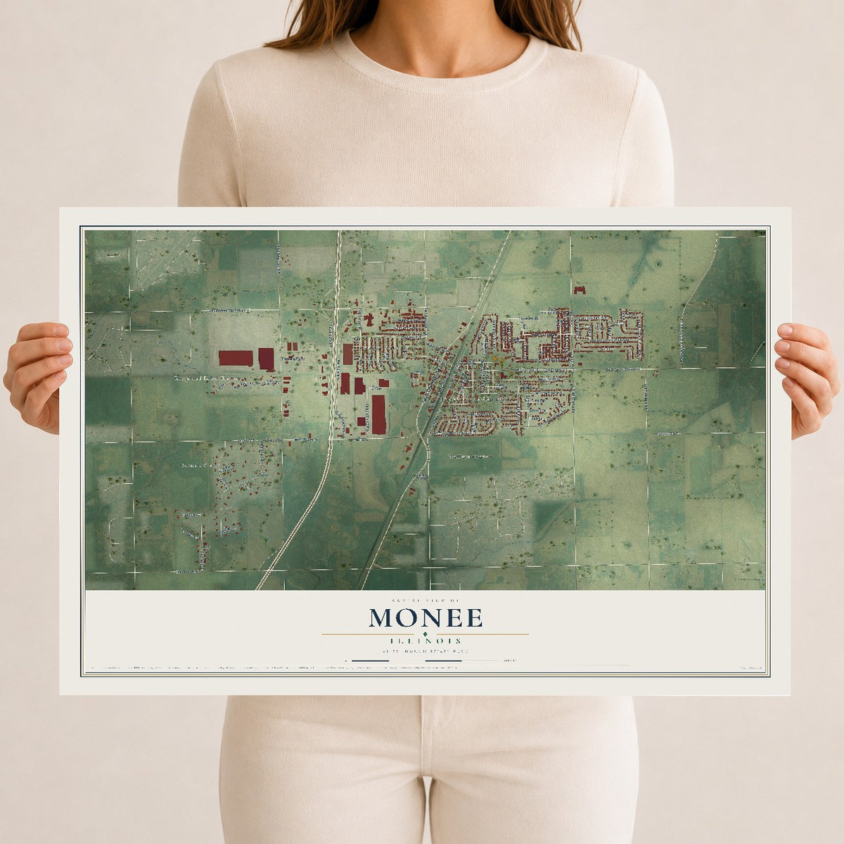 Map of Monee, Illinois, 12 x 18 inch unframed archival matte print