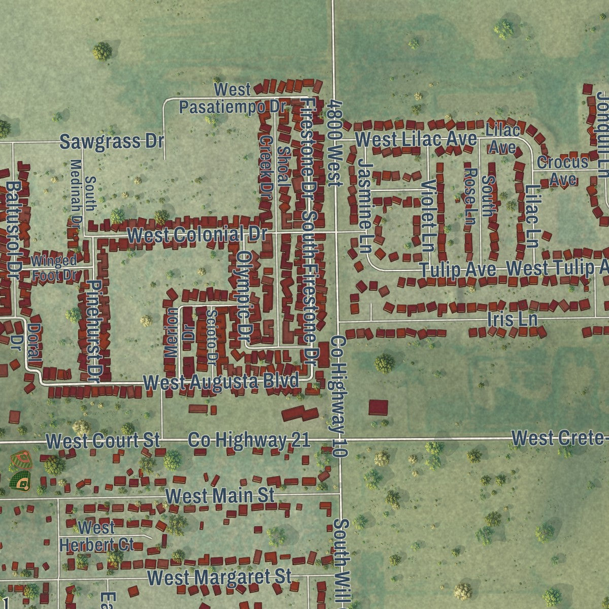 Second close-up of the map of Monee, Illinois print showing more streets and buildings