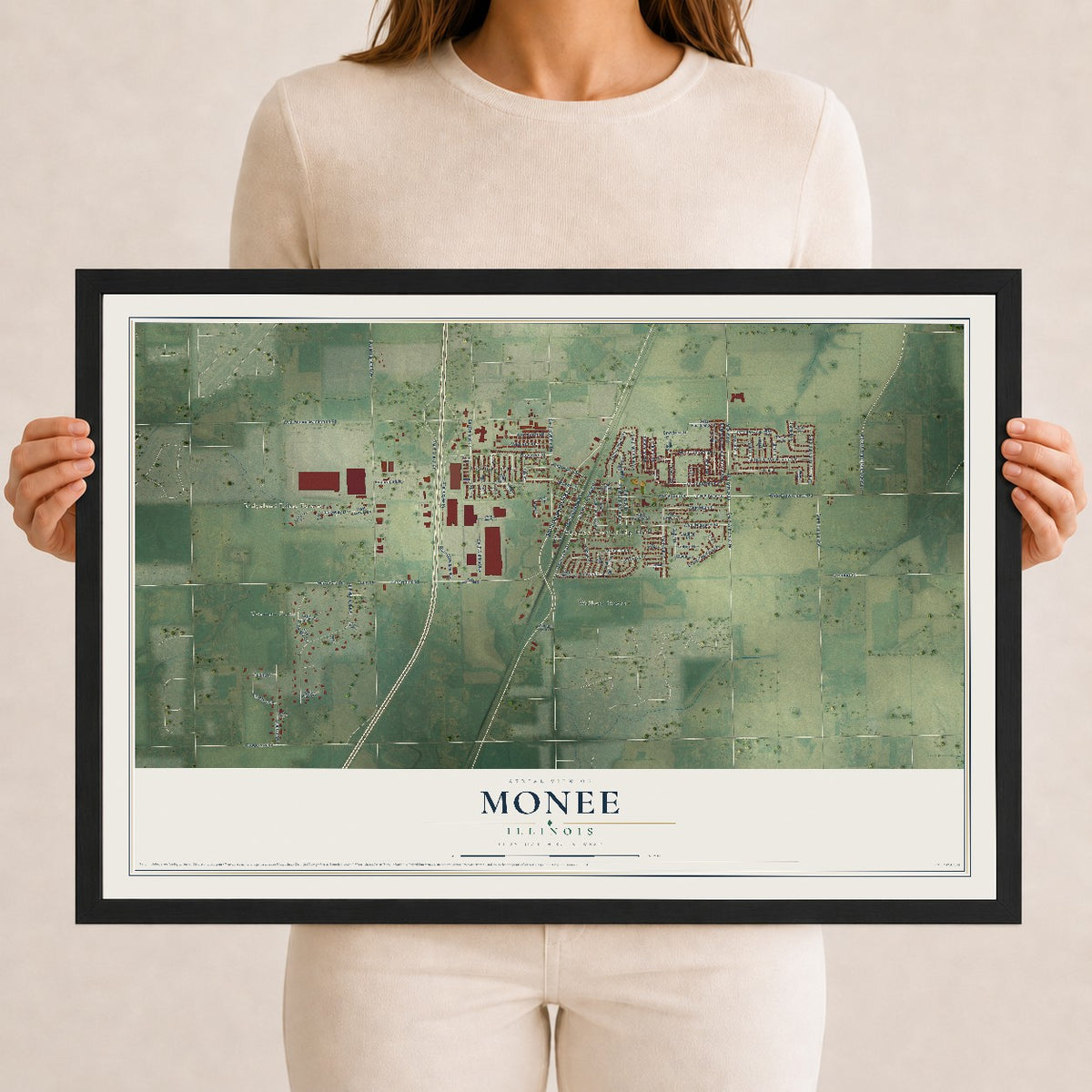 Map of Monee, Illinois, 12 x 18 inch print in a black wood frame