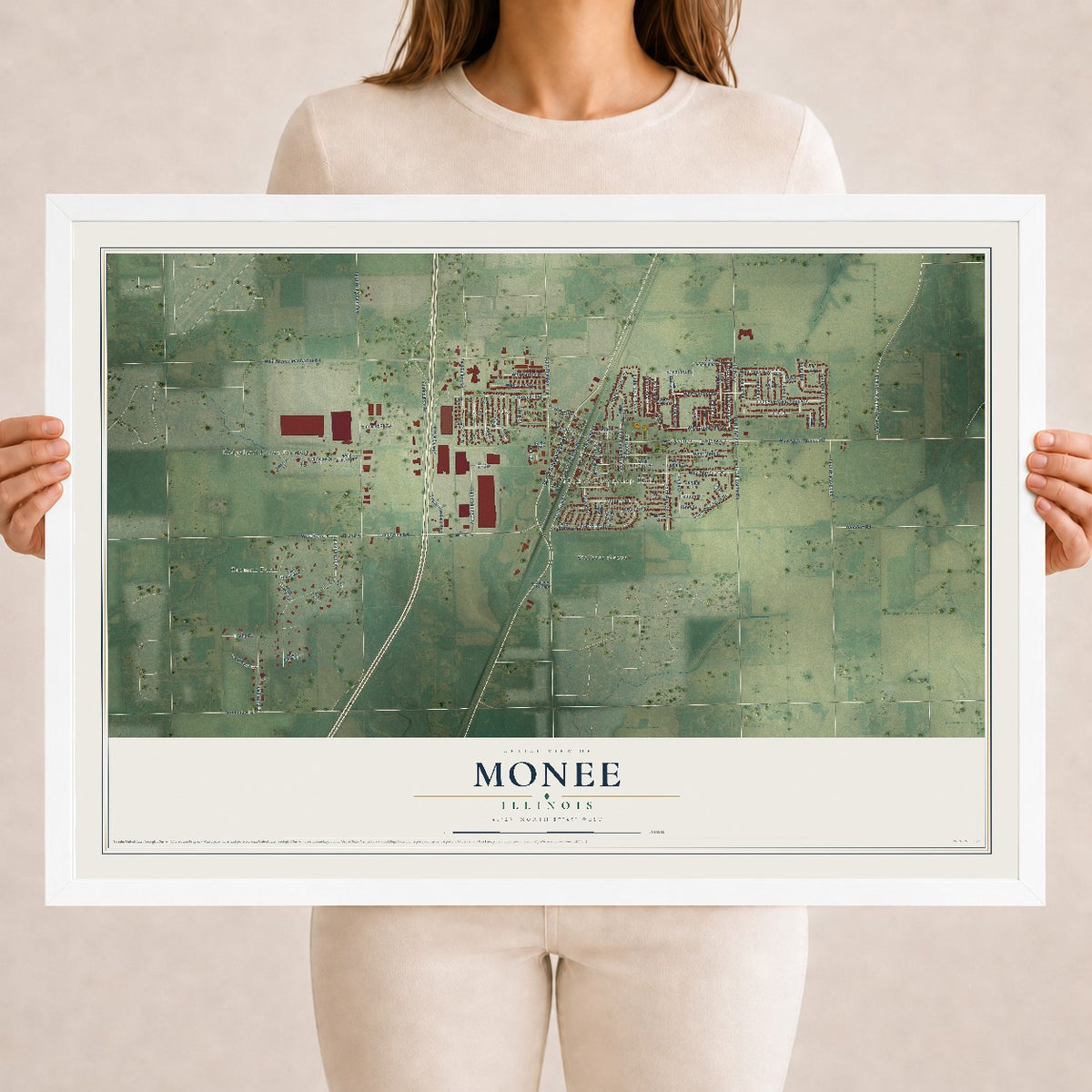 Map of Monee, Illinois, 18 x 24 inch print in a white wood frame
