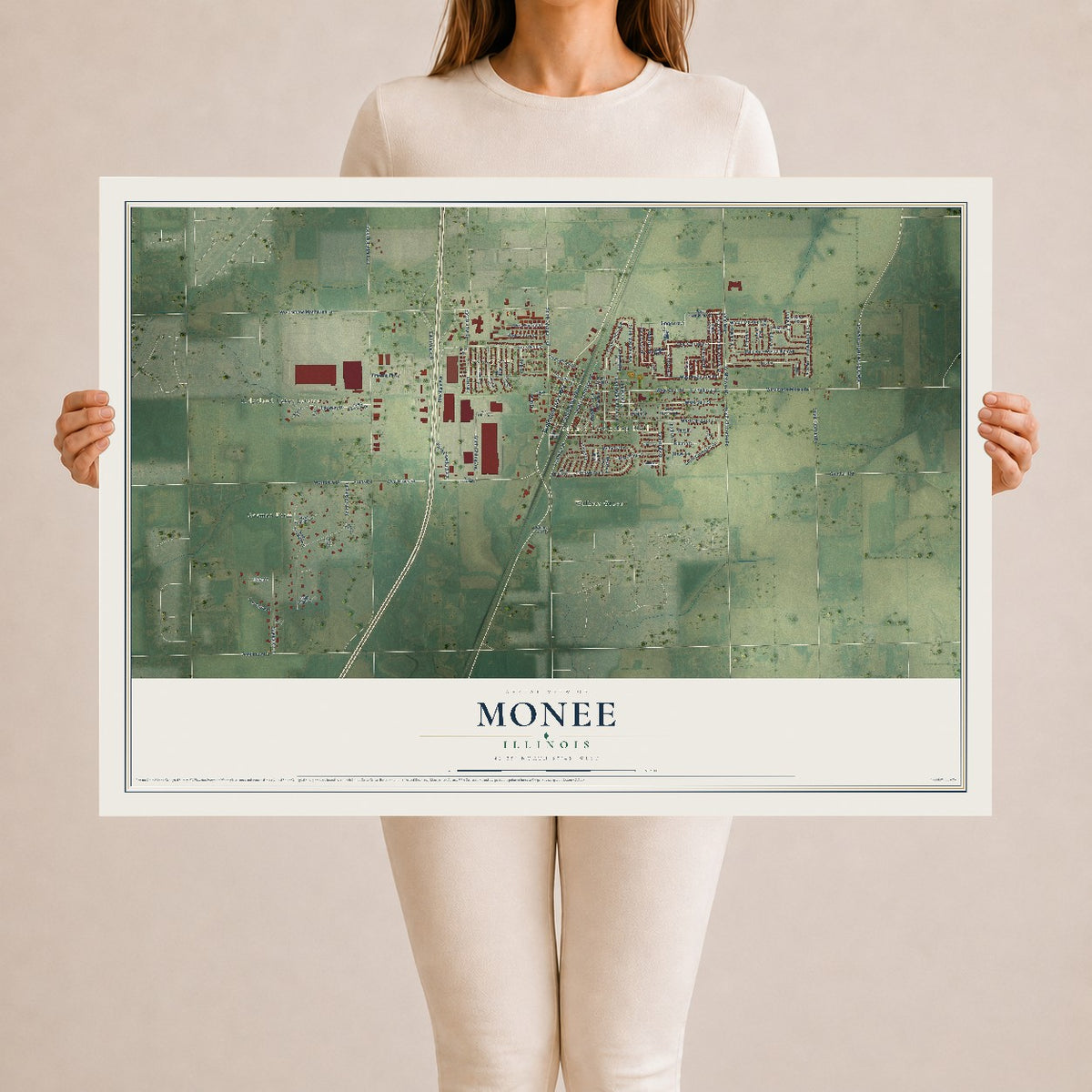 Map of Monee, Illinois, 24 x 36 inch unframed archival matte print