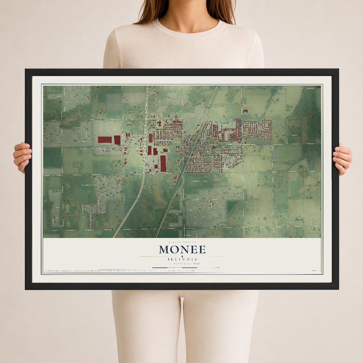 Map of Monee, Illinois, 24 x 36 inch print in a black wood frame