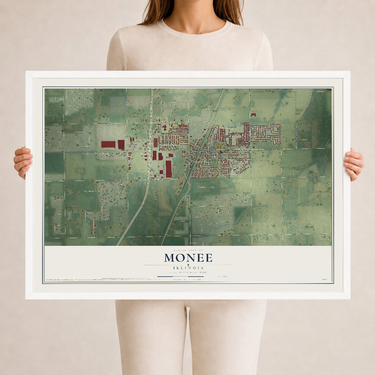 Map of Monee, Illinois, 24 x 36 inch print in a white wood frame