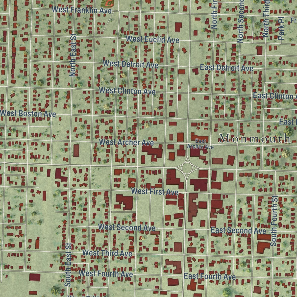 Close-up of the map of Monmouth, Illinois print showing street and building detail