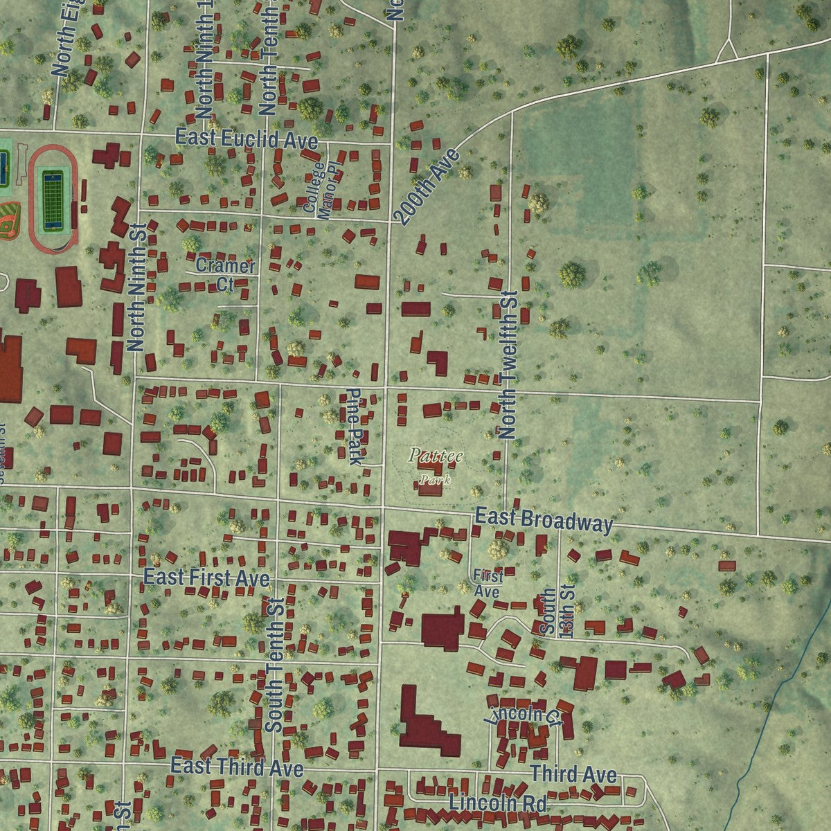 Second close-up of the map of Monmouth, Illinois print showing more streets and buildings