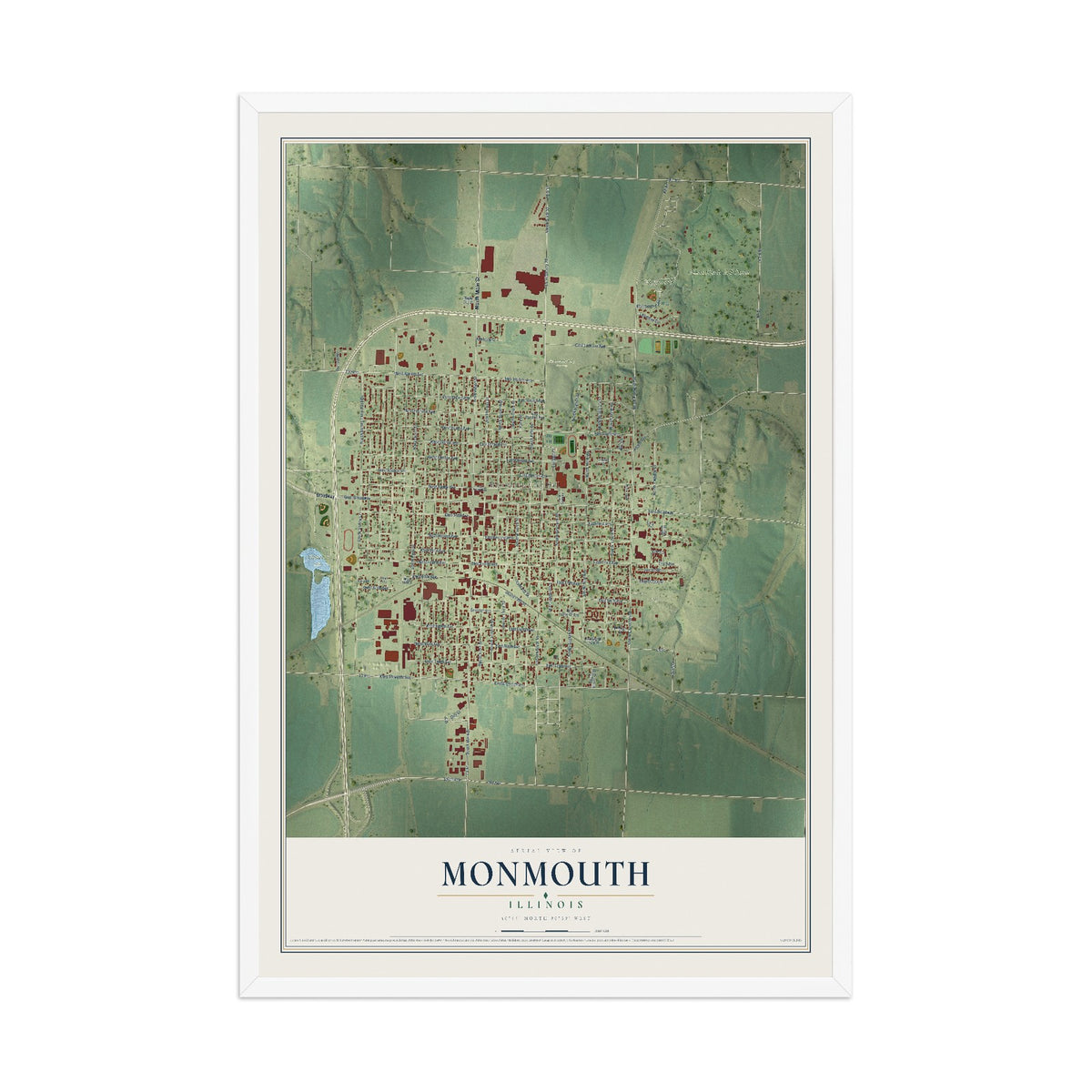 Map of Monmouth, Illinois, 12 x 18 inch print in a white wood frame