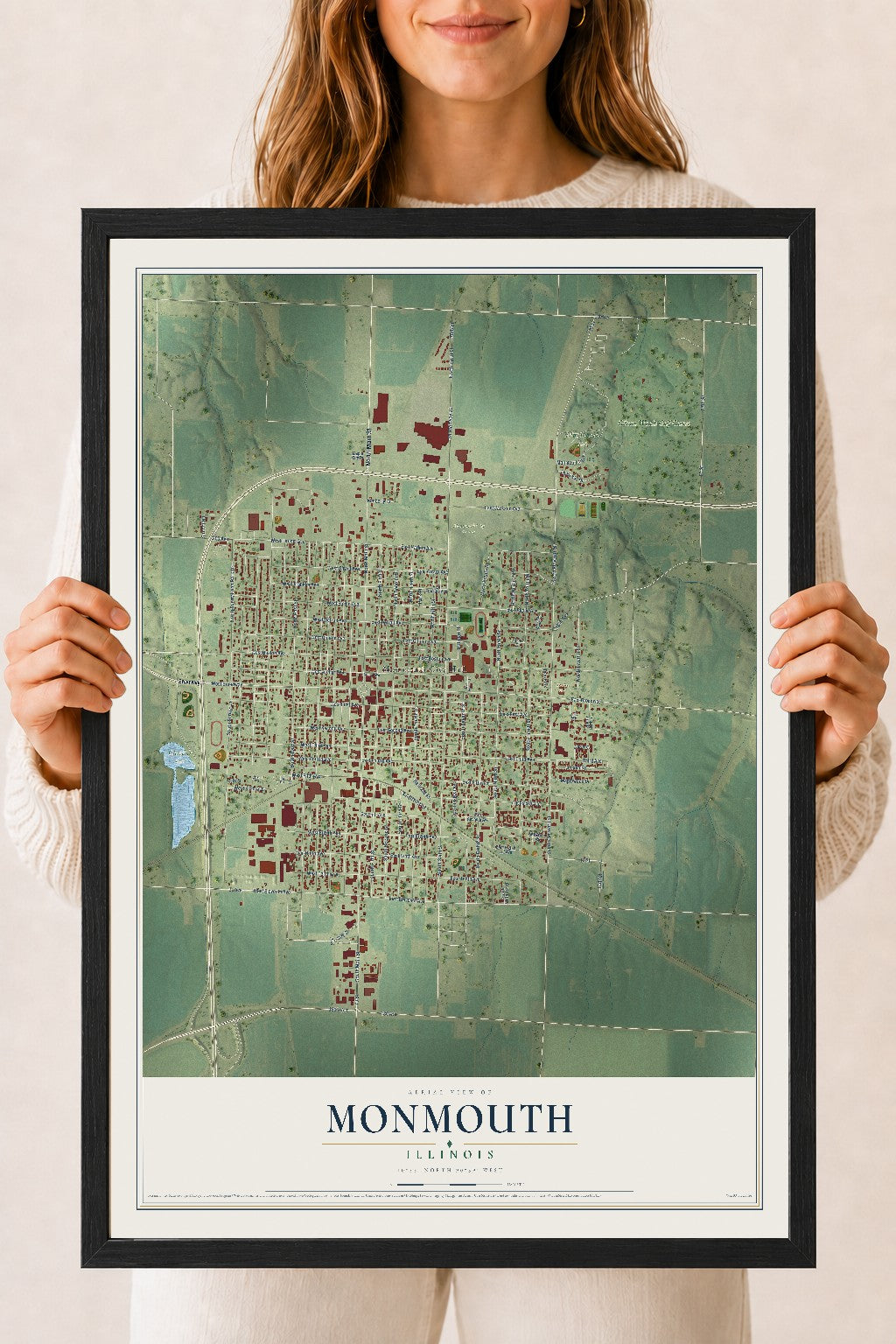 Map of Monmouth, Illinois, 18 x 24 inch print in a black wood frame