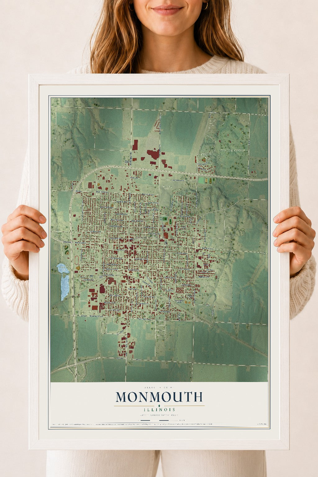 Map of Monmouth, Illinois, 18 x 24 inch print in a white wood frame