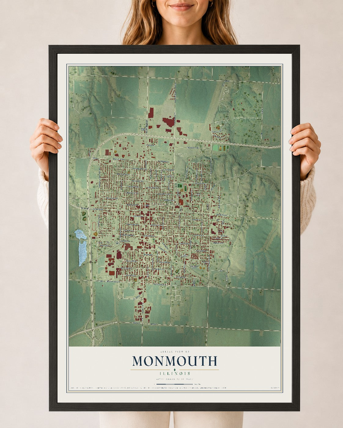 Map of Monmouth, Illinois, 24 x 36 inch print in a black wood frame