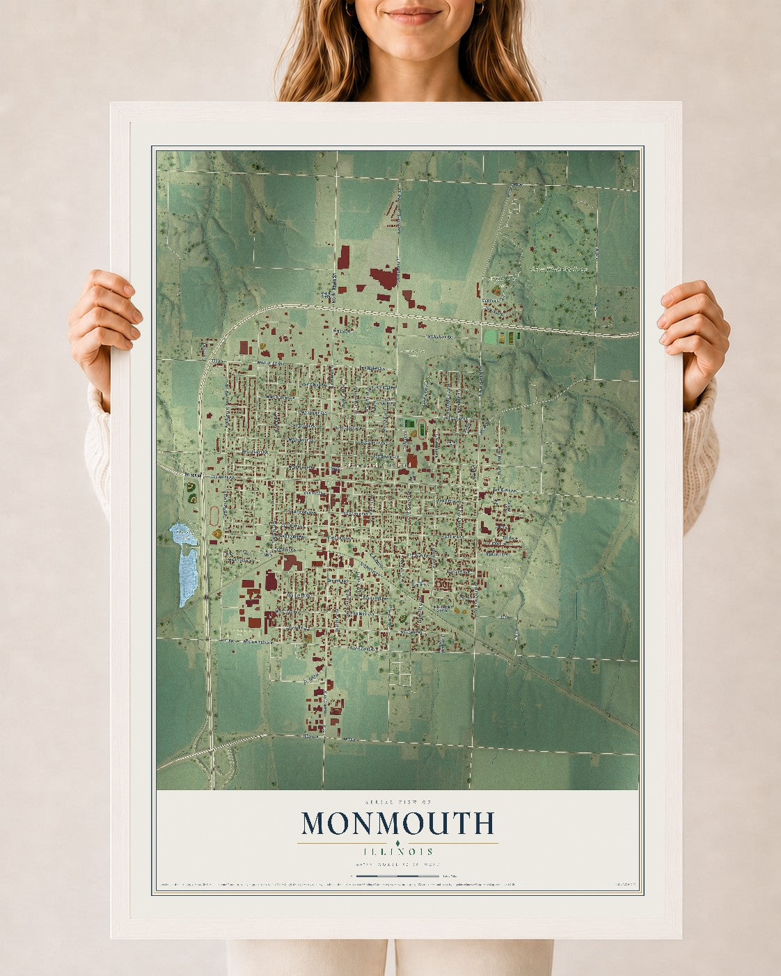 Map of Monmouth, Illinois, 24 x 36 inch print in a white wood frame