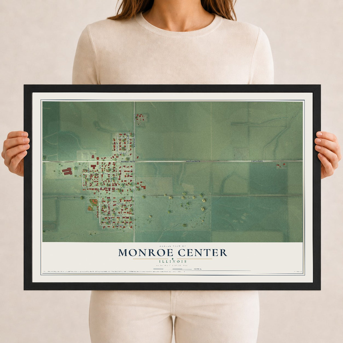 Map of Monroe Center, Illinois, 12 x 18 inch print in a black wood frame