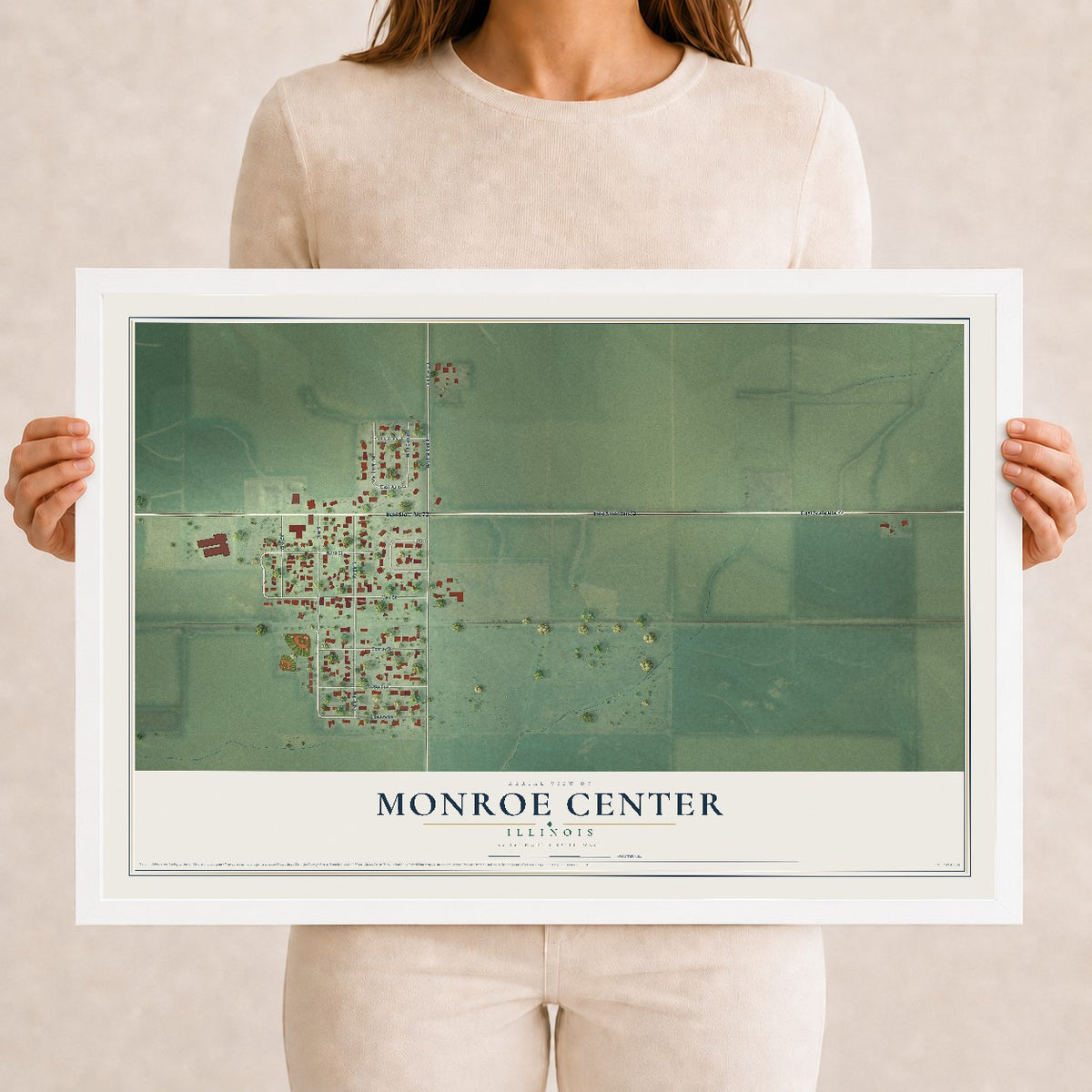 Map of Monroe Center, Illinois, 12 x 18 inch print in a white wood frame