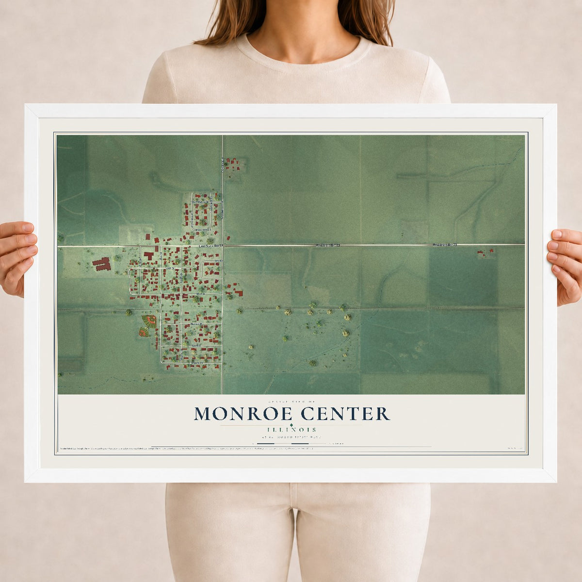Map of Monroe Center, Illinois, 18 x 24 inch print in a white wood frame