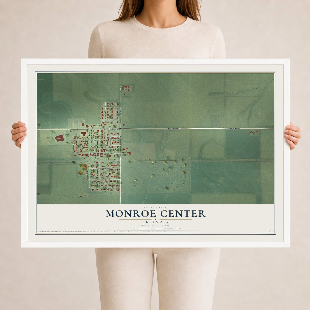 Map of Monroe Center, Illinois, 24 x 36 inch print in a white wood frame
