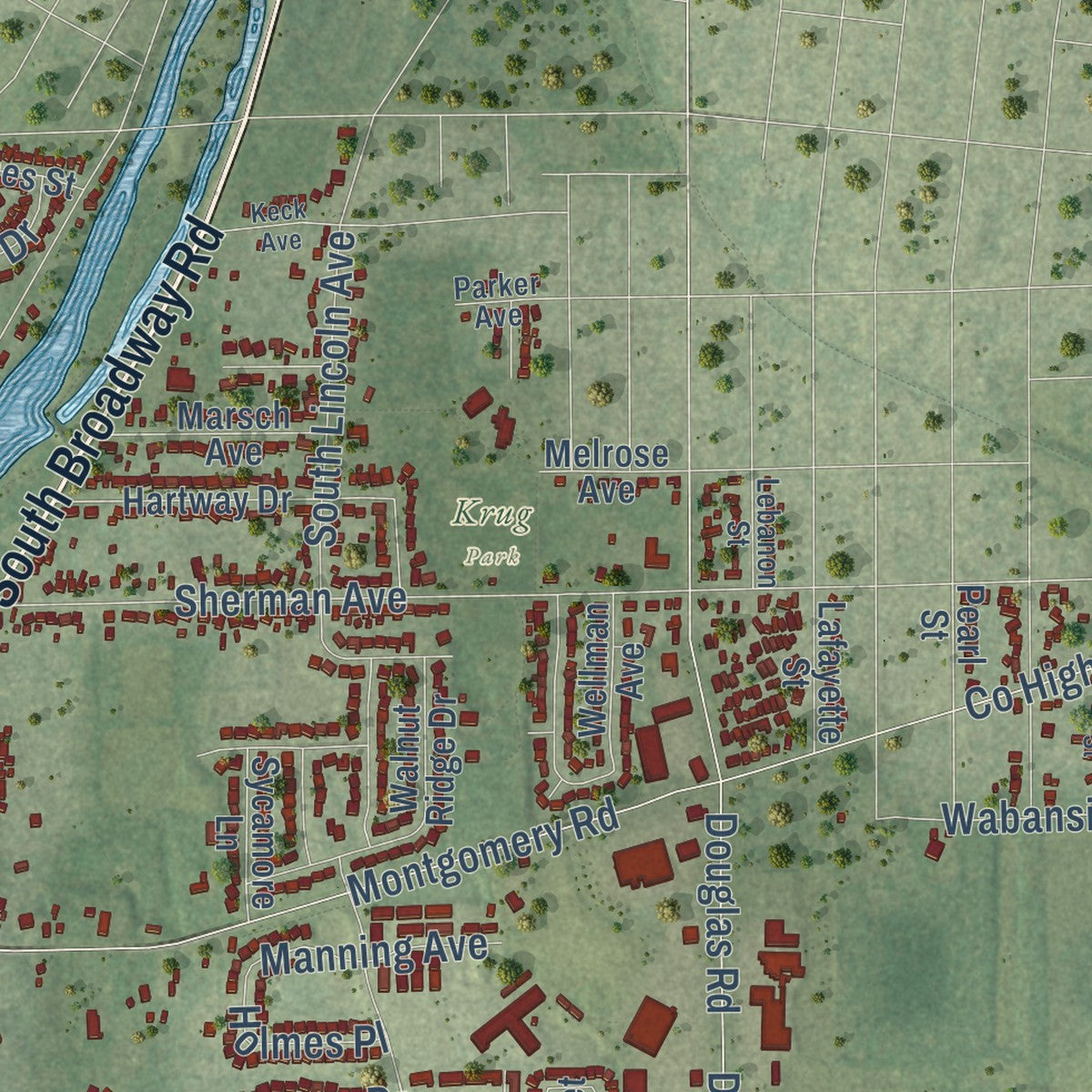 Second close-up of the map of Montgomery, Illinois print showing more streets and buildings
