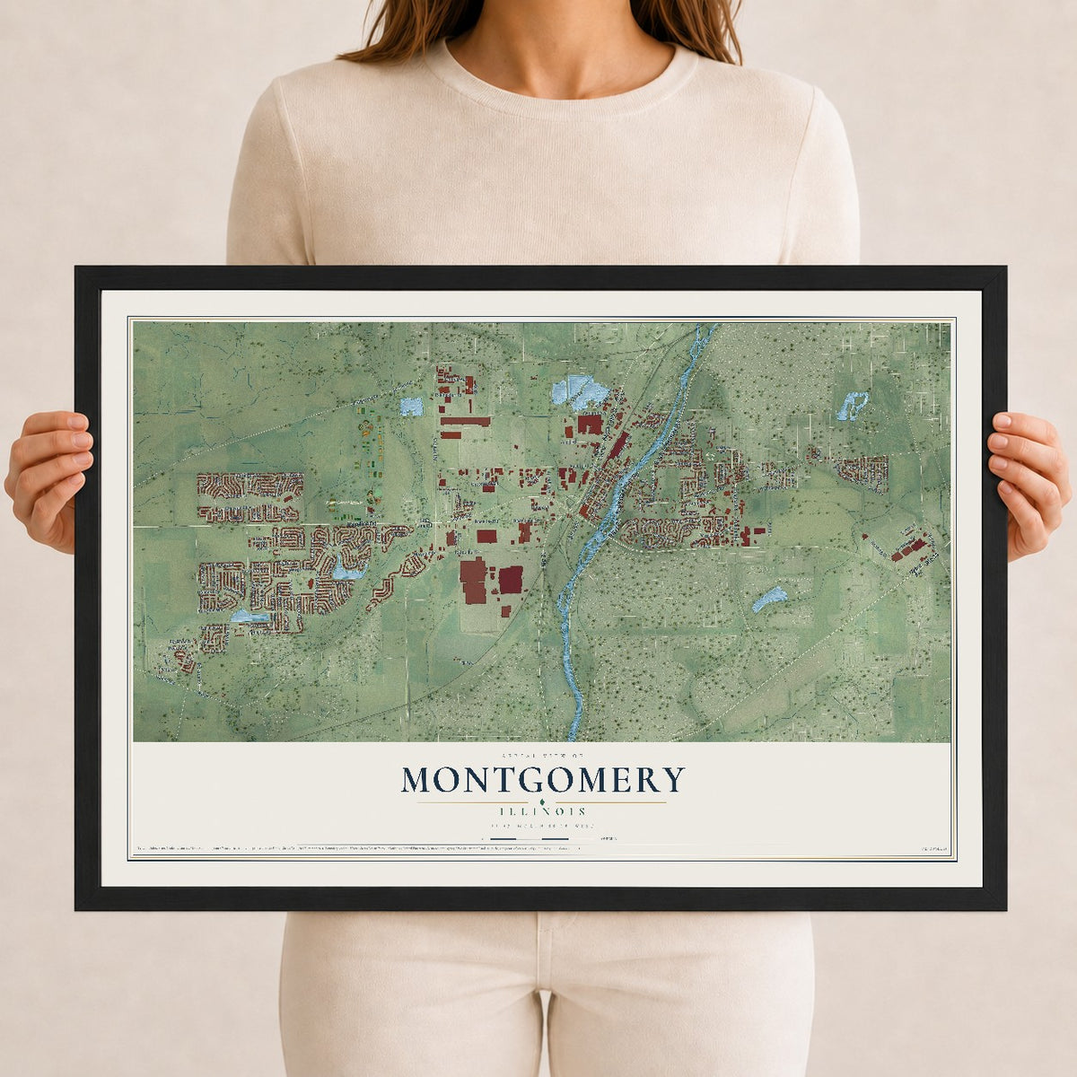 Map of Montgomery, Illinois, 12 x 18 inch print in a black wood frame