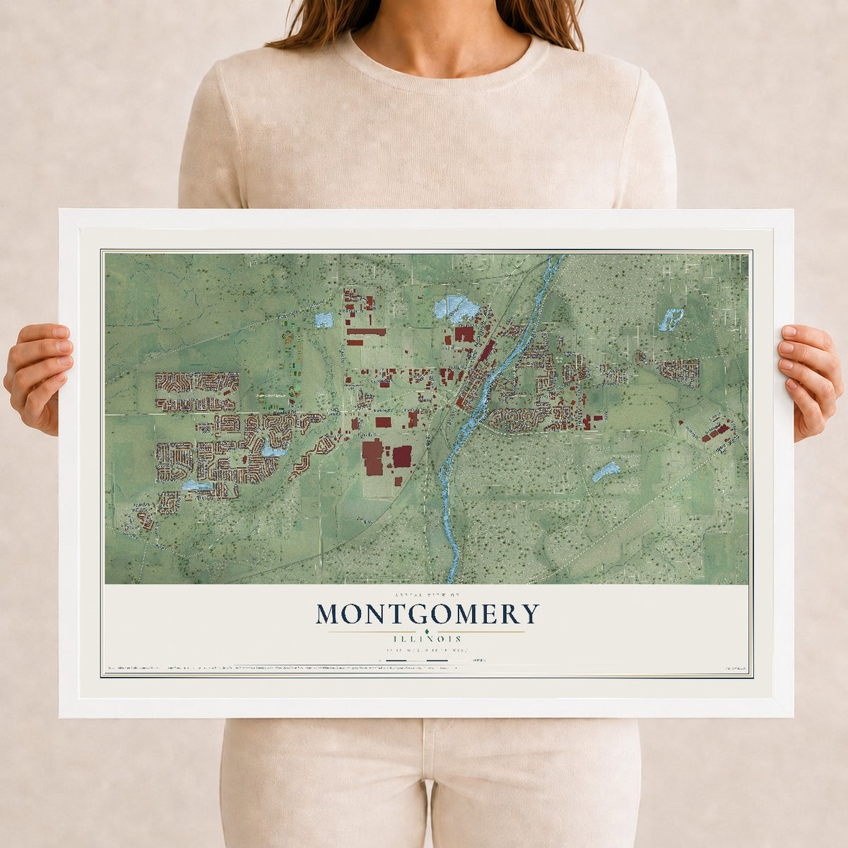 Map of Montgomery, Illinois, 12 x 18 inch print in a white wood frame