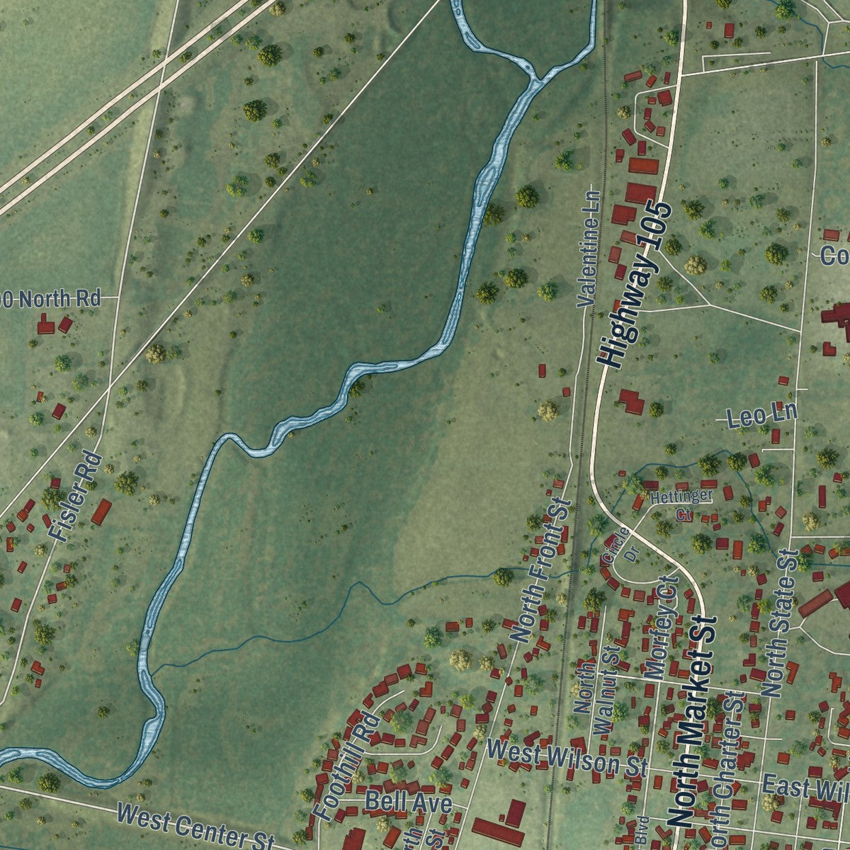 Second close-up of the map of Monticello, Illinois print showing more streets and buildings
