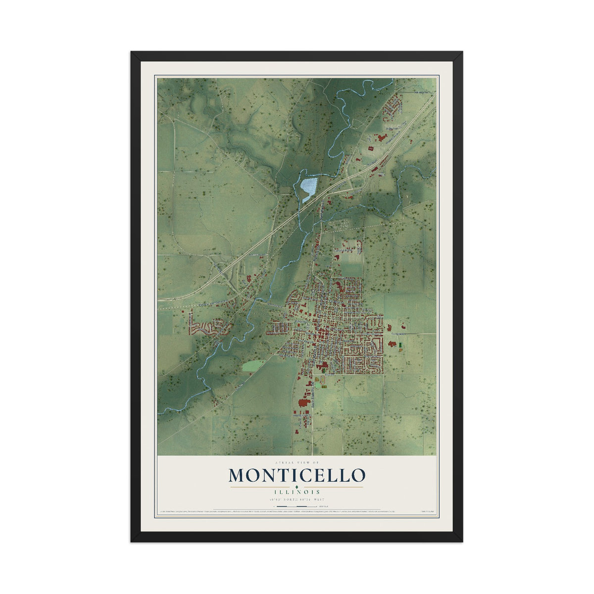 Map of Monticello, Illinois, 12 x 18 inch print in a black wood frame
