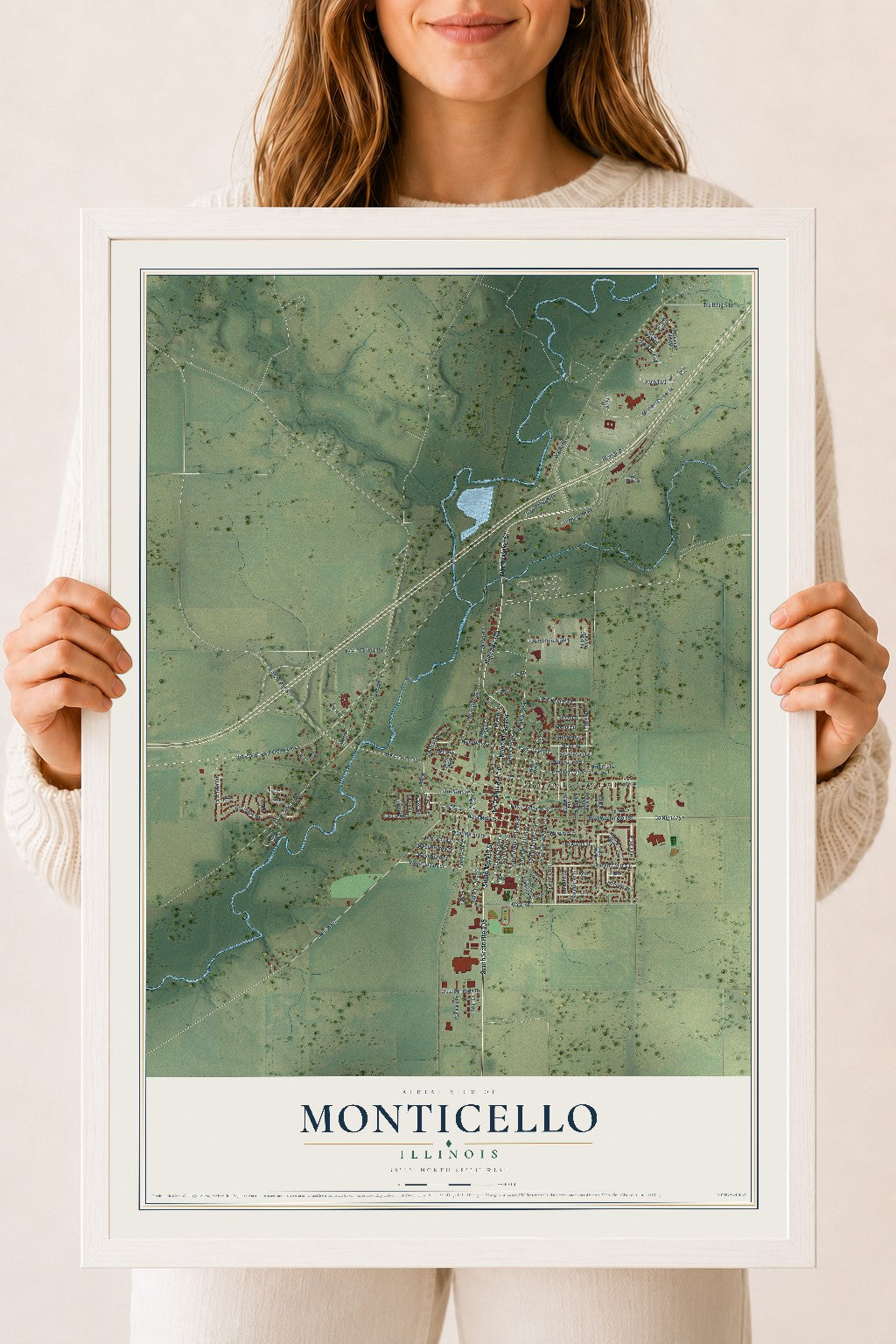 Map of Monticello, Illinois, 18 x 24 inch print in a white wood frame