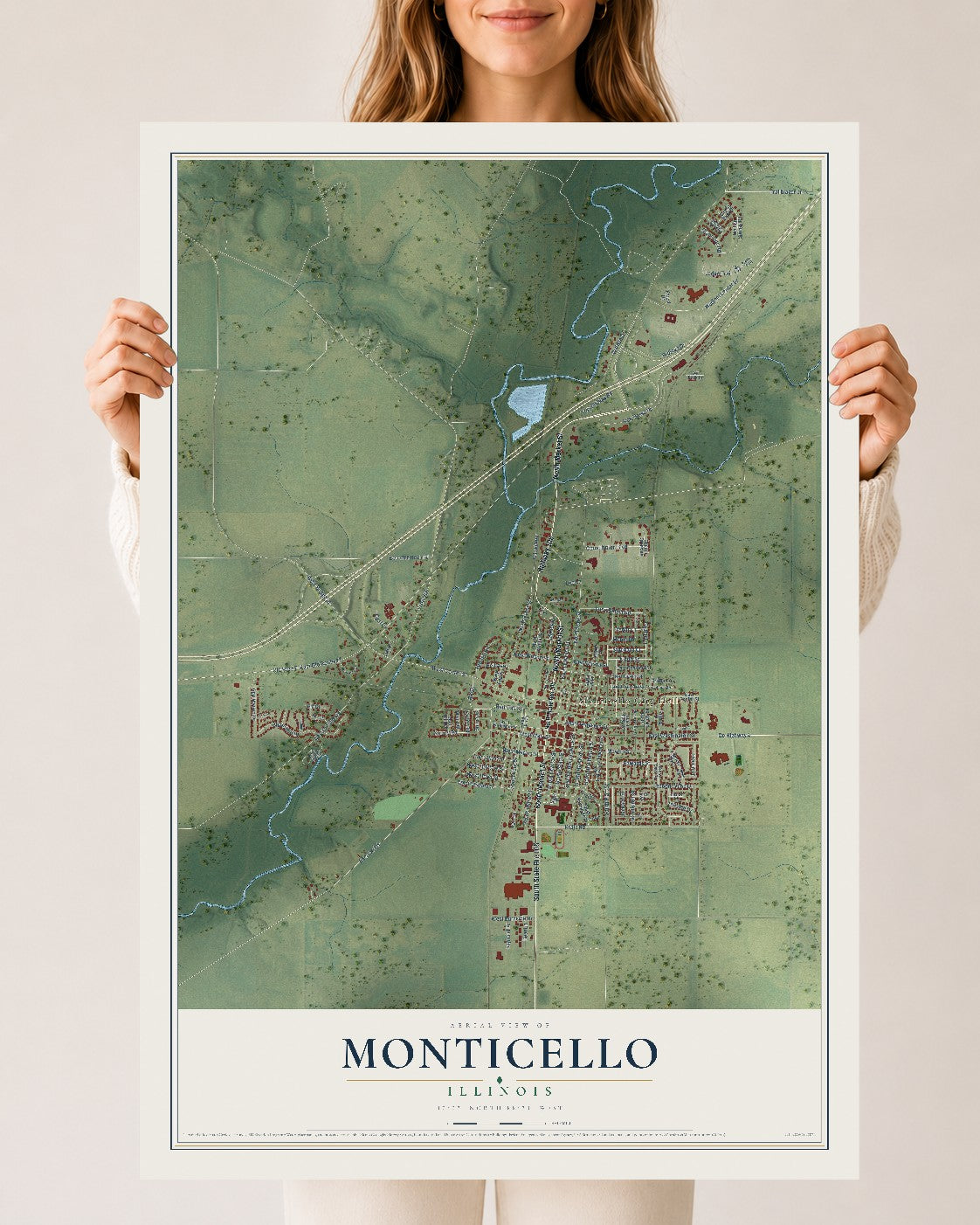 Map of Monticello, Illinois, 24 x 36 inch unframed archival matte print