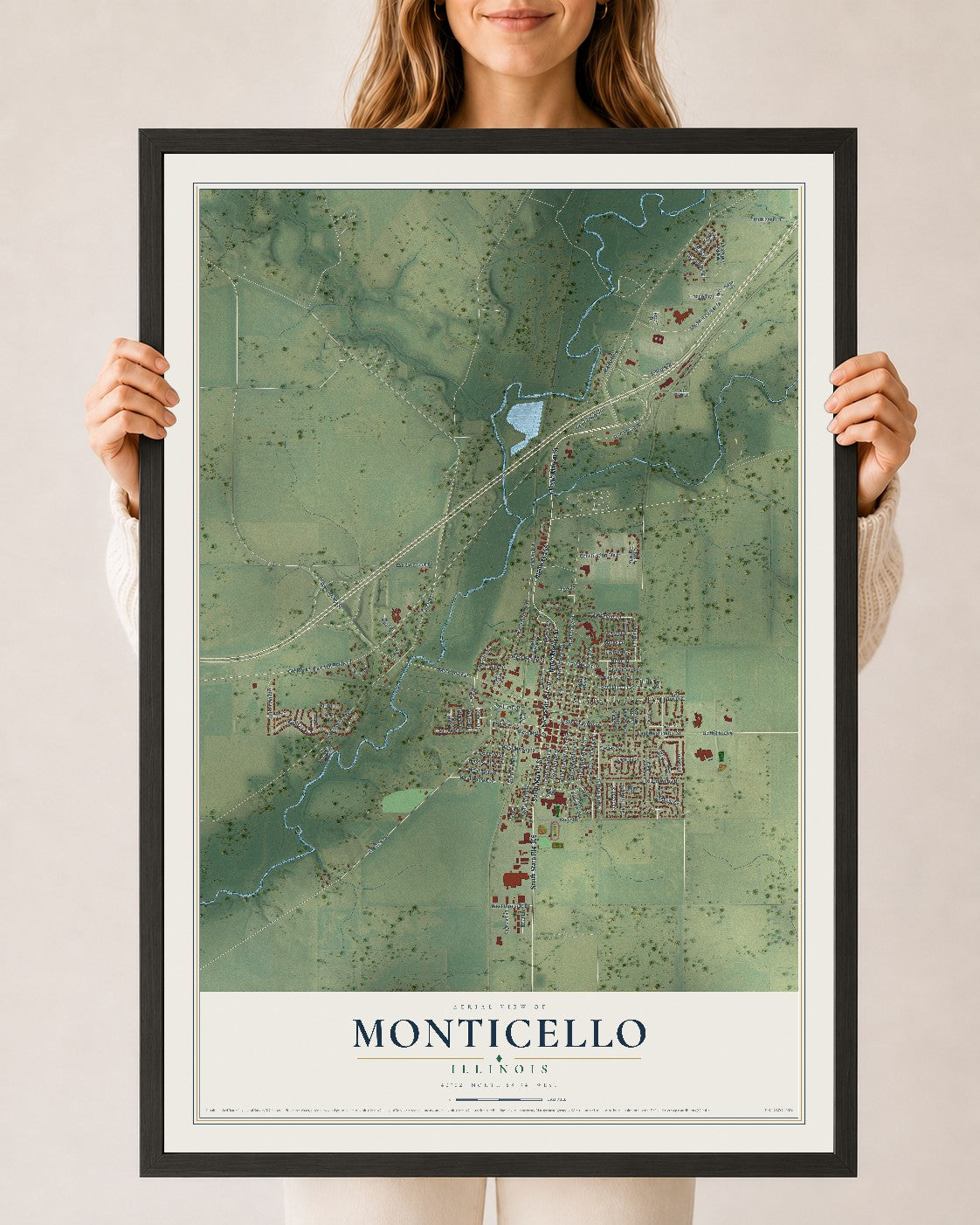 Map of Monticello, Illinois, 24 x 36 inch print in a black wood frame
