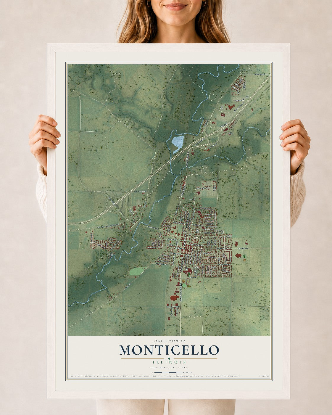 Map of Monticello, Illinois, 24 x 36 inch print in a white wood frame