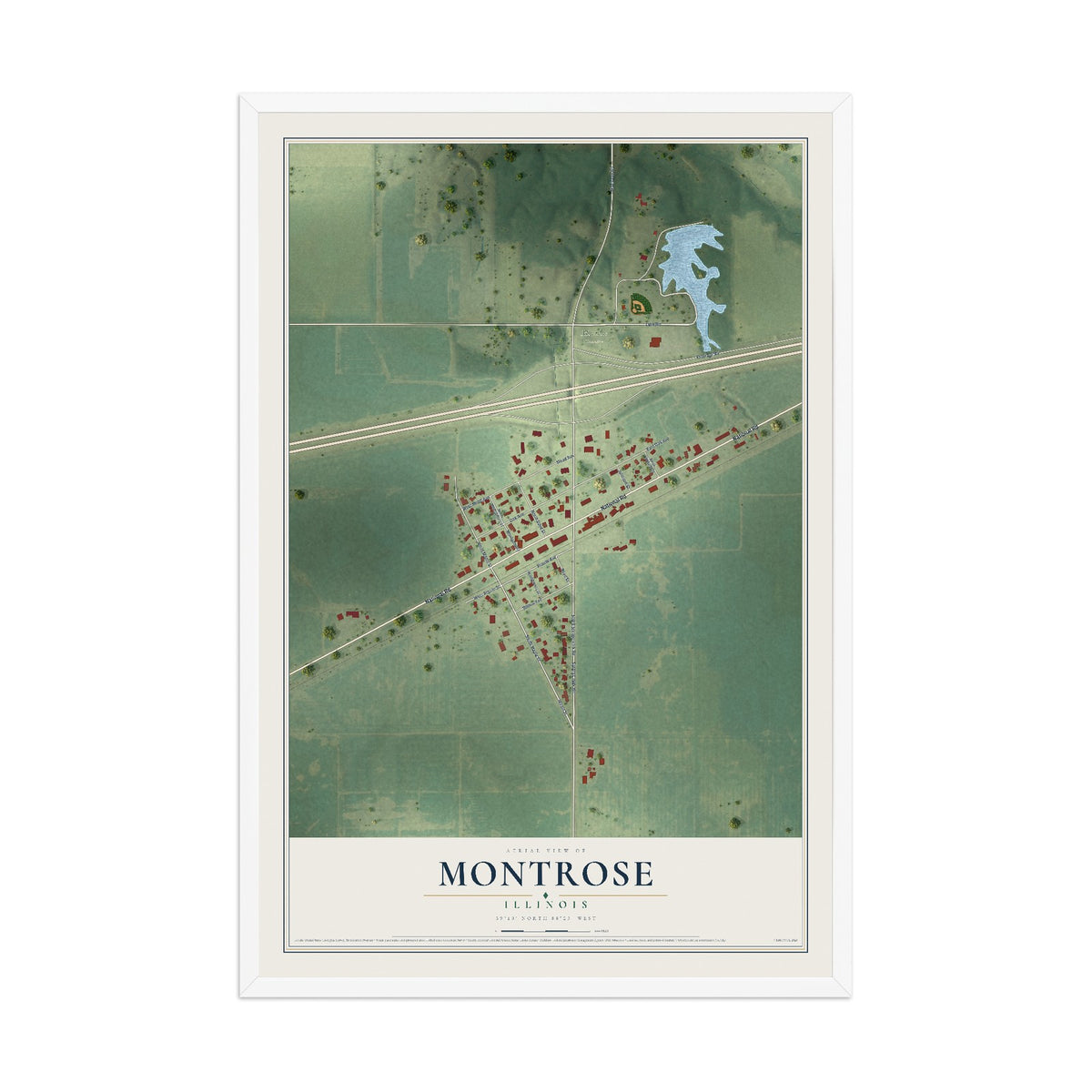 Map of Montrose, Illinois, 12 x 18 inch print in a white wood frame