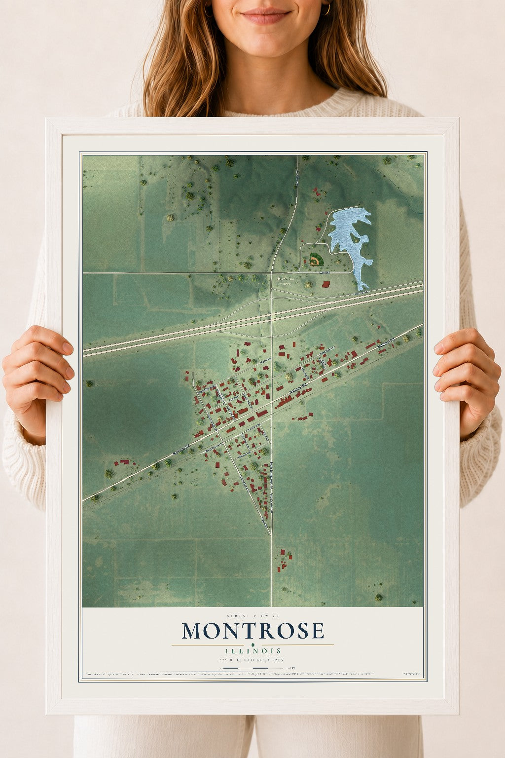 Map of Montrose, Illinois, 18 x 24 inch print in a white wood frame