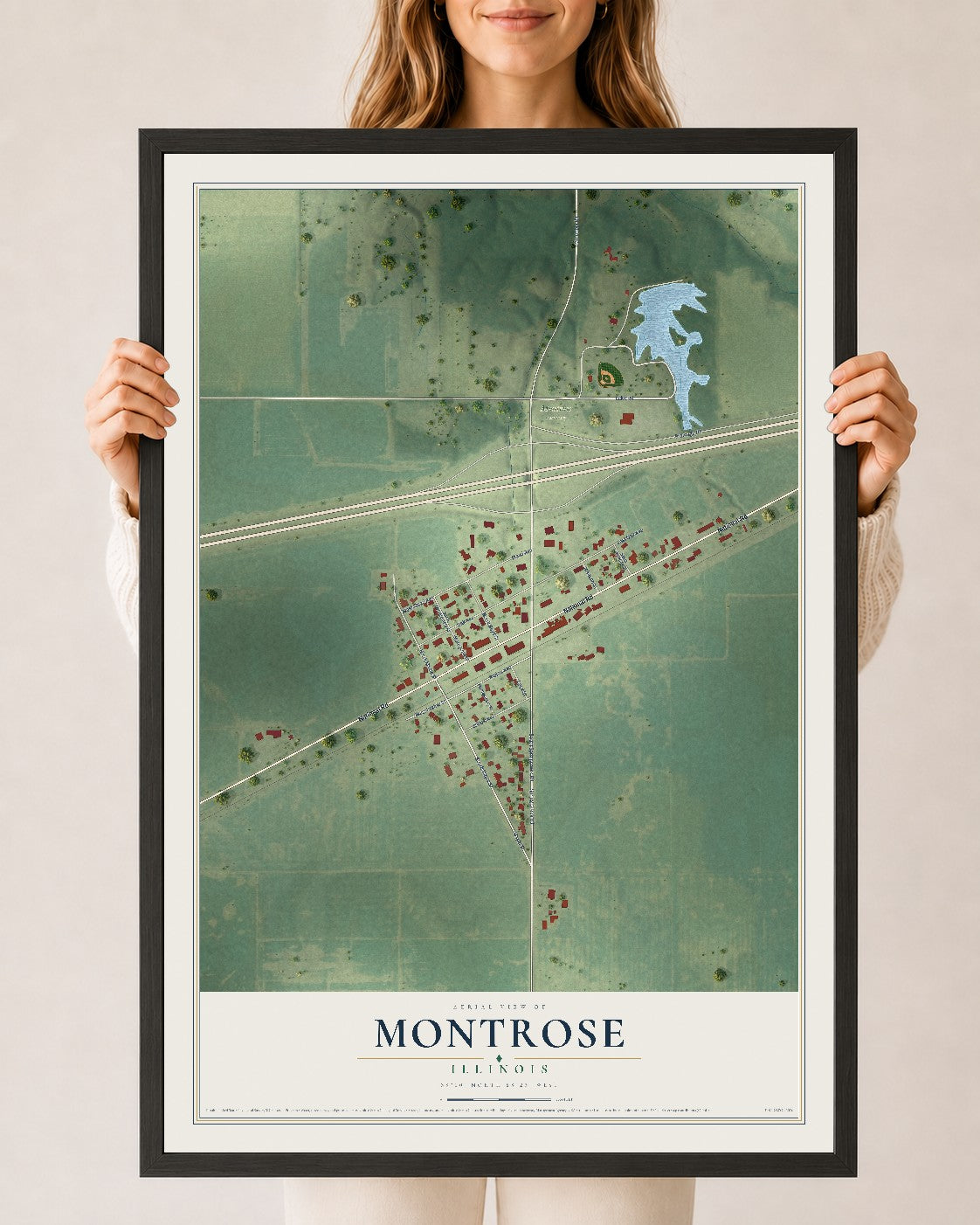 Map of Montrose, Illinois, 24 x 36 inch print in a black wood frame
