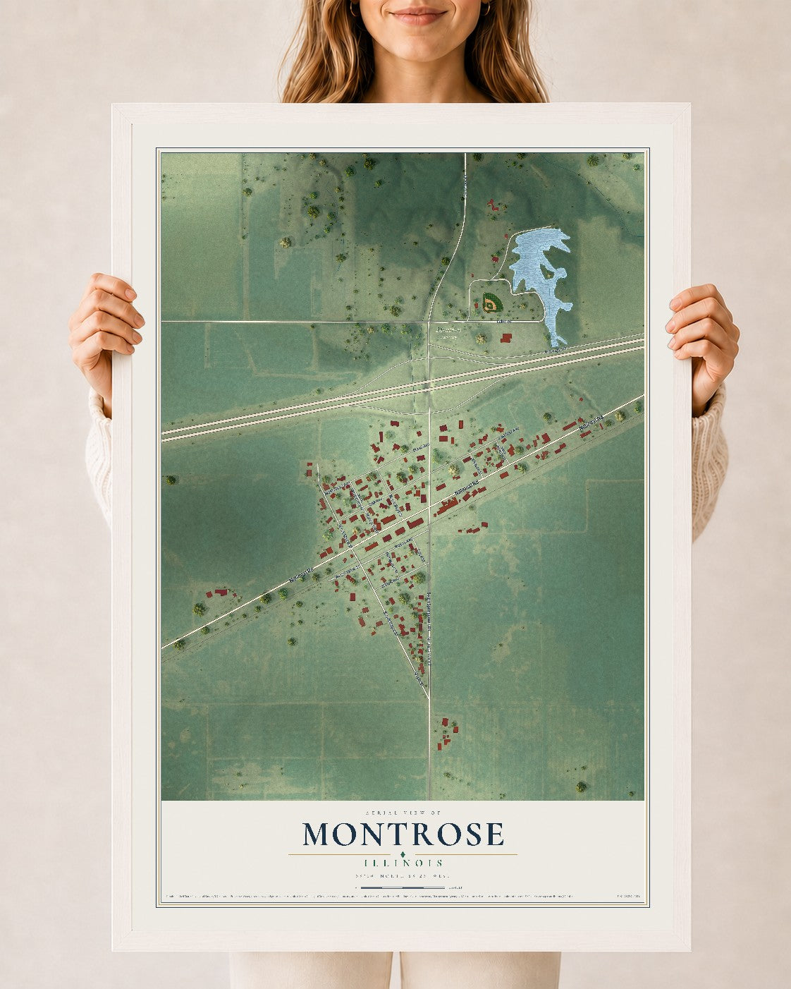 Map of Montrose, Illinois, 24 x 36 inch print in a white wood frame