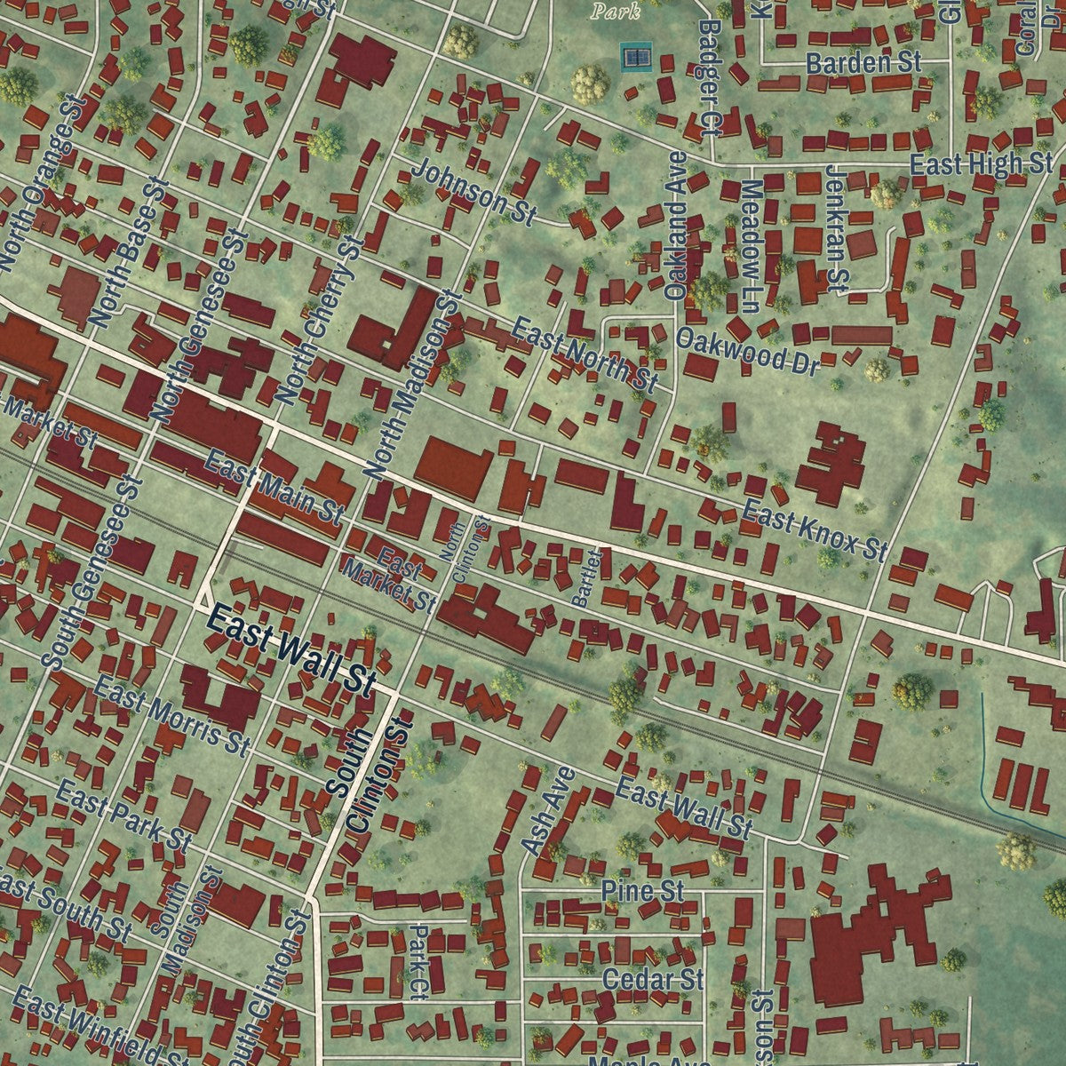 Close-up of the map of Morrison, Illinois print showing street and building detail