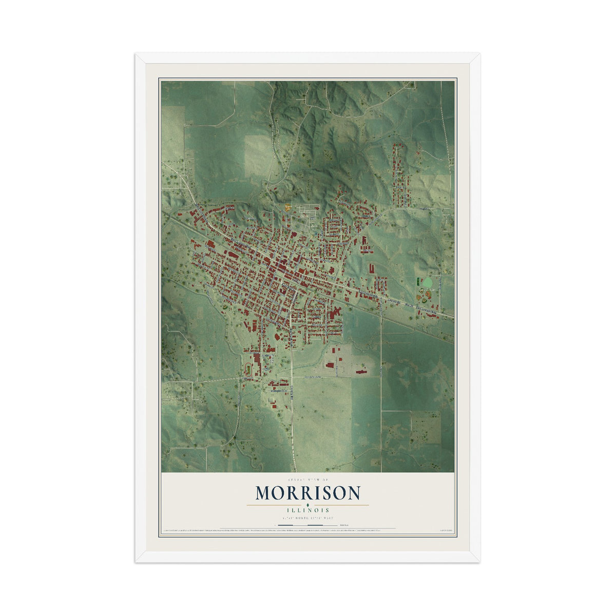 Map of Morrison, Illinois, 12 x 18 inch print in a white wood frame