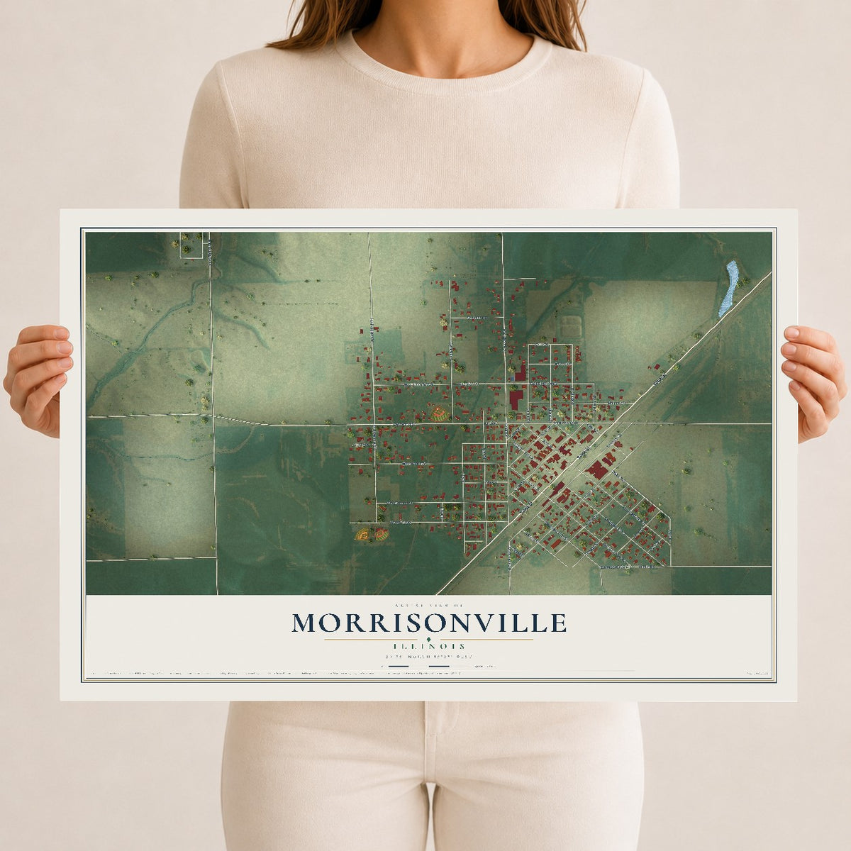 Map of Morrisonville, Illinois, 12 x 18 inch unframed archival matte print
