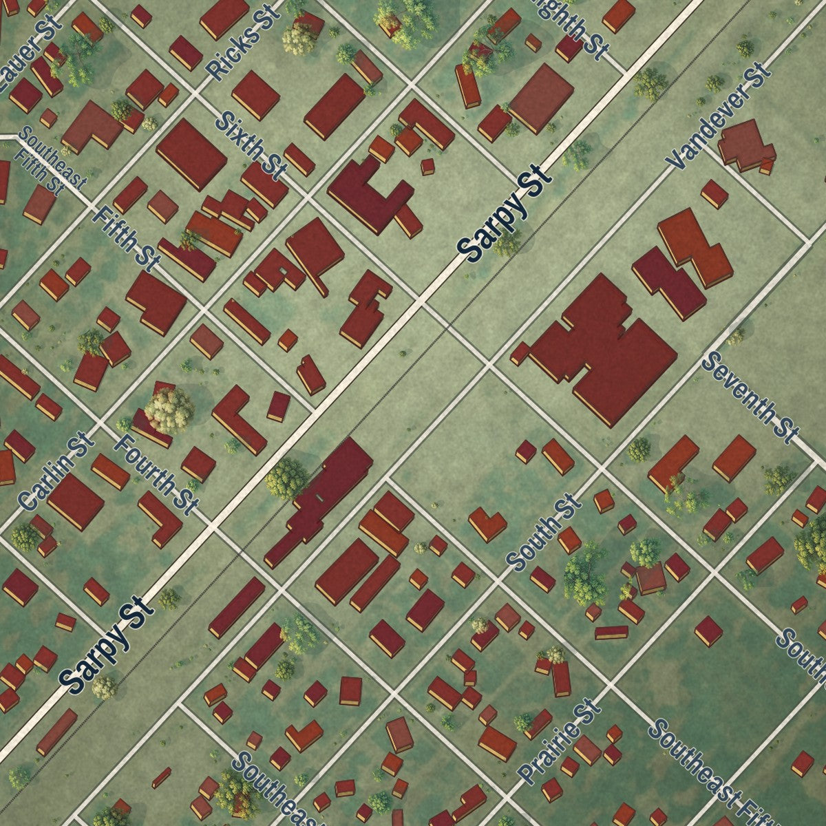 Close-up of the map of Morrisonville, Illinois print showing street and building detail