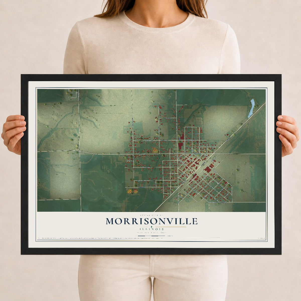 Map of Morrisonville, Illinois, 12 x 18 inch print in a black wood frame