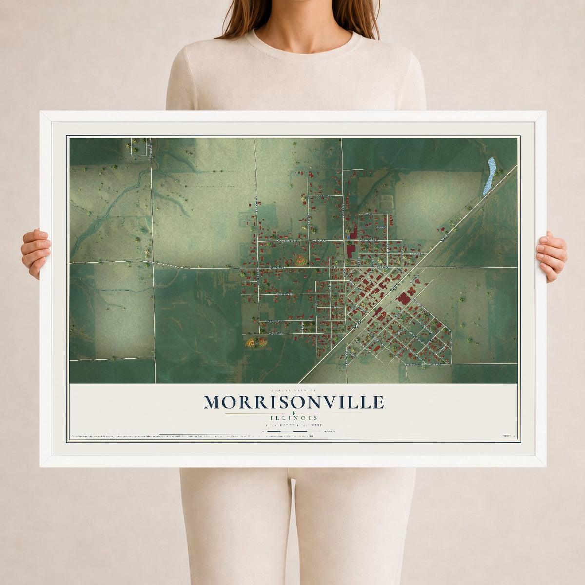 Map of Morrisonville, Illinois, 24 x 36 inch print in a white wood frame