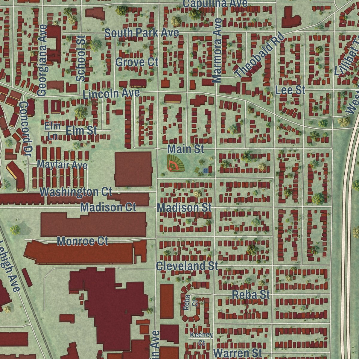 Second close-up of the map of Morton Grove, Illinois print showing more streets and buildings