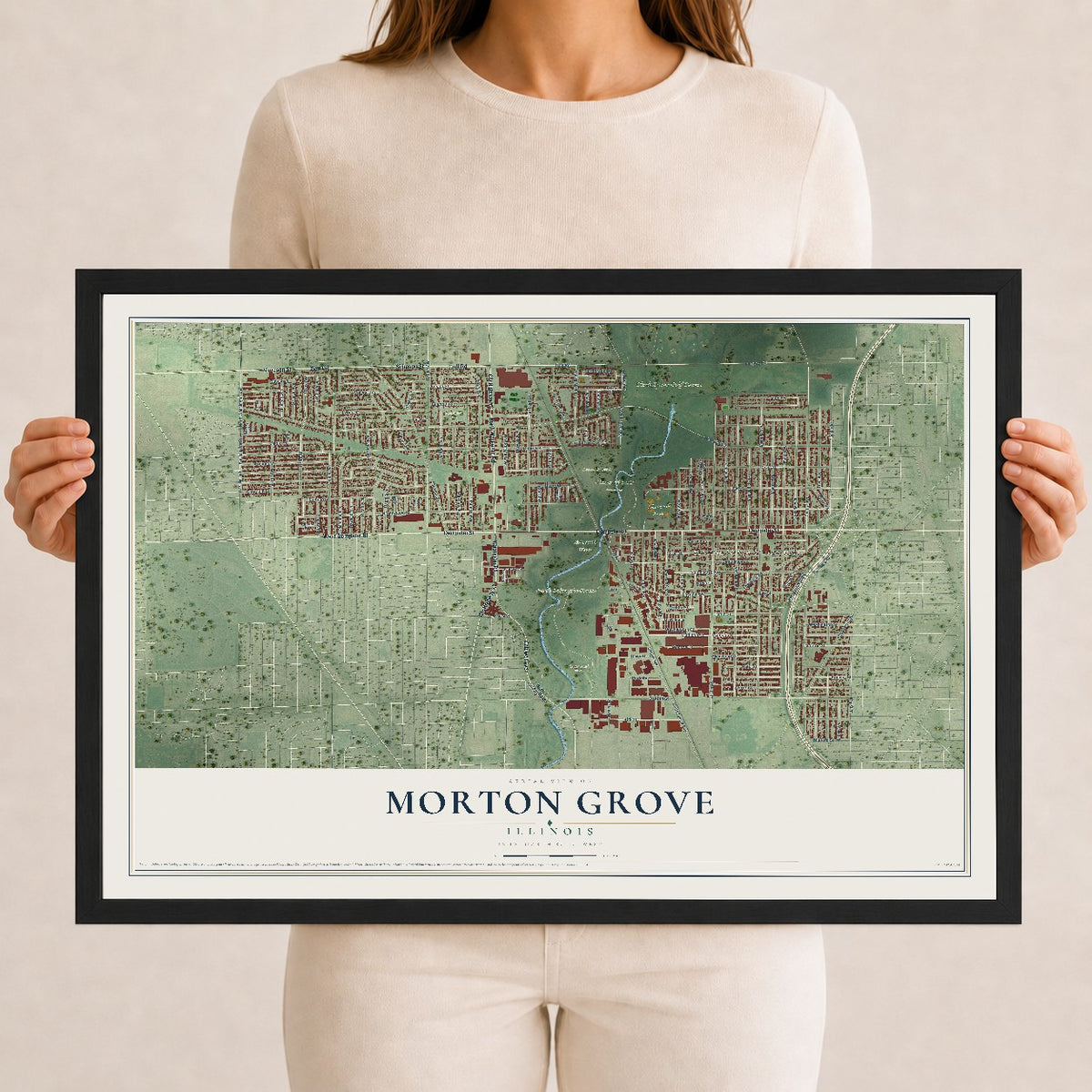 Map of Morton Grove, Illinois, 12 x 18 inch print in a black wood frame