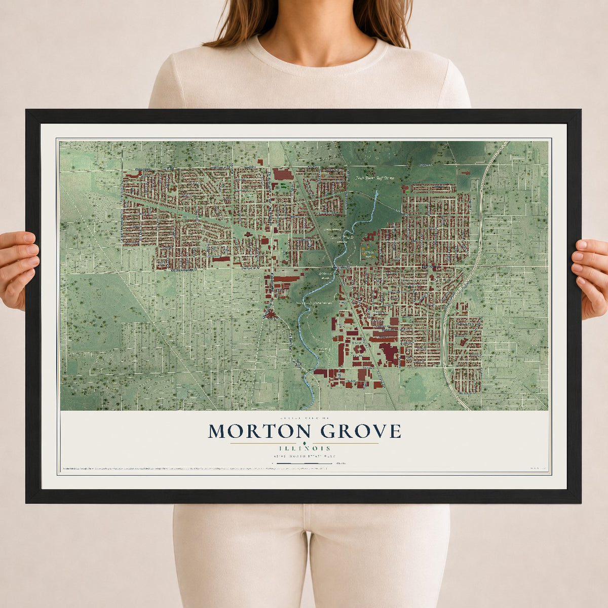 Map of Morton Grove, Illinois, 18 x 24 inch print in a black wood frame