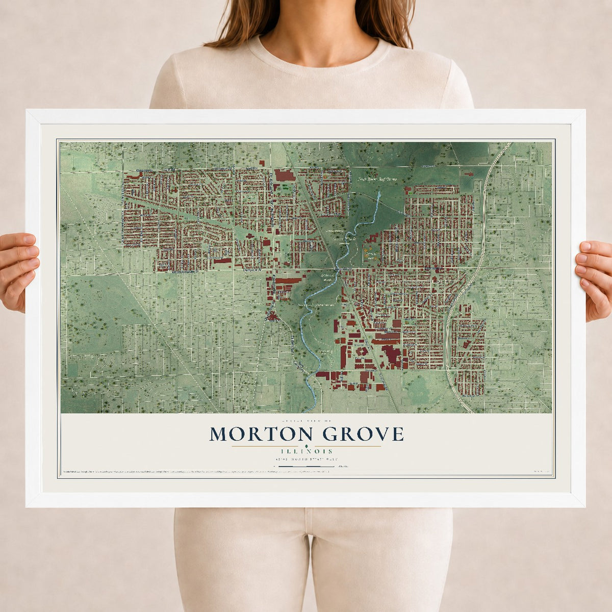 Map of Morton Grove, Illinois, 18 x 24 inch print in a white wood frame