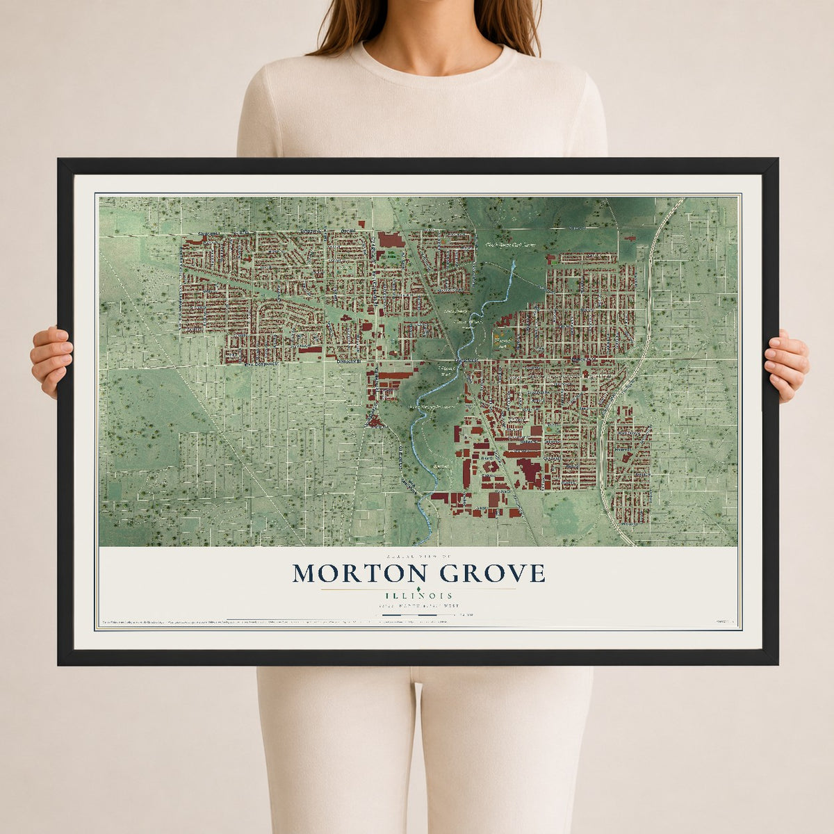 Map of Morton Grove, Illinois, 24 x 36 inch print in a black wood frame